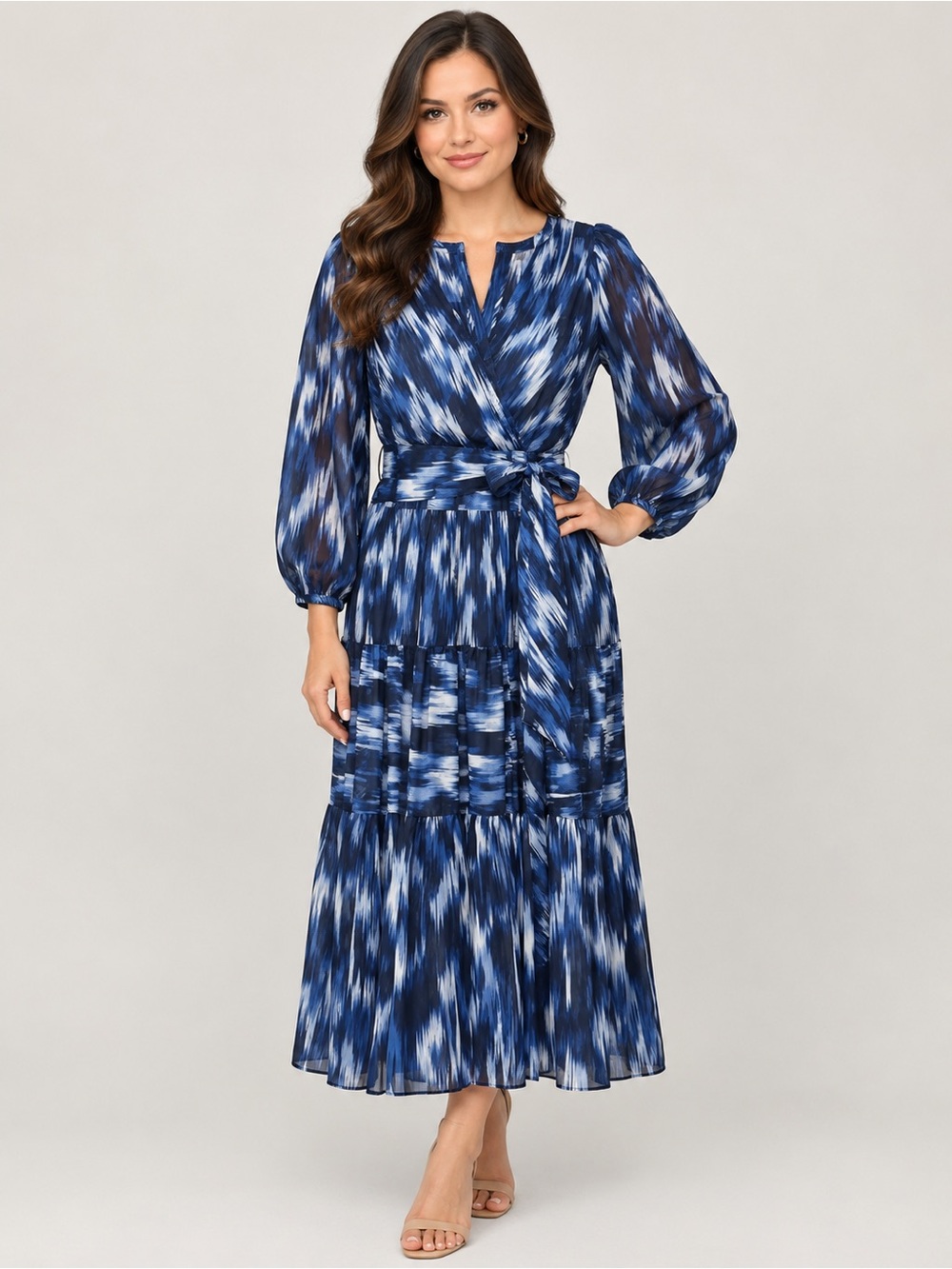 Calvin Klein Blue Ikat Print Long Sleeve Wrap Midi Dress
